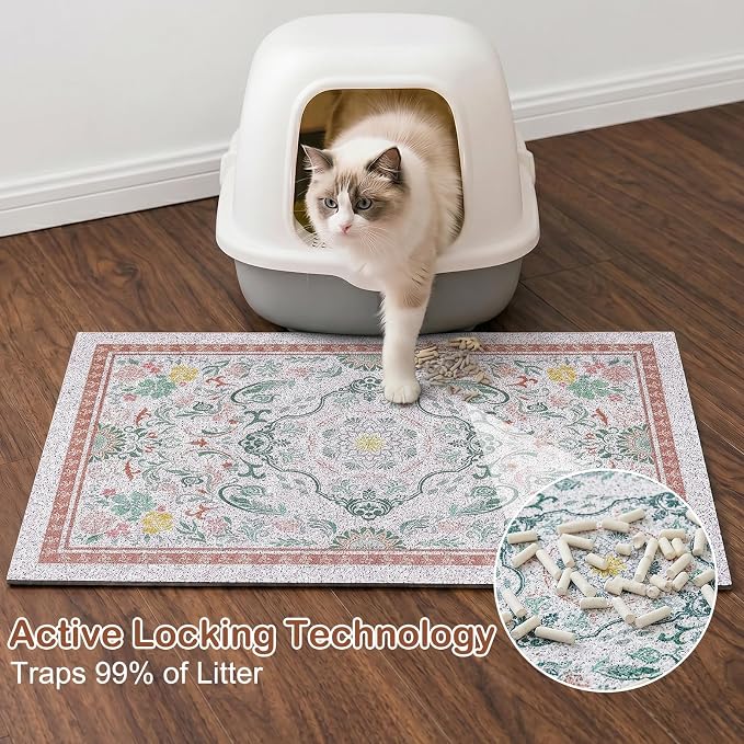 Glittme Cat Litter Mat, 24"x15" Non-Slip Washable Trapping Mat for Cats | Litter Trapping Mat With Thick PVC Coil To Catch Scatter, Soft On Paws And Waterproof Bottom To Protect Floors