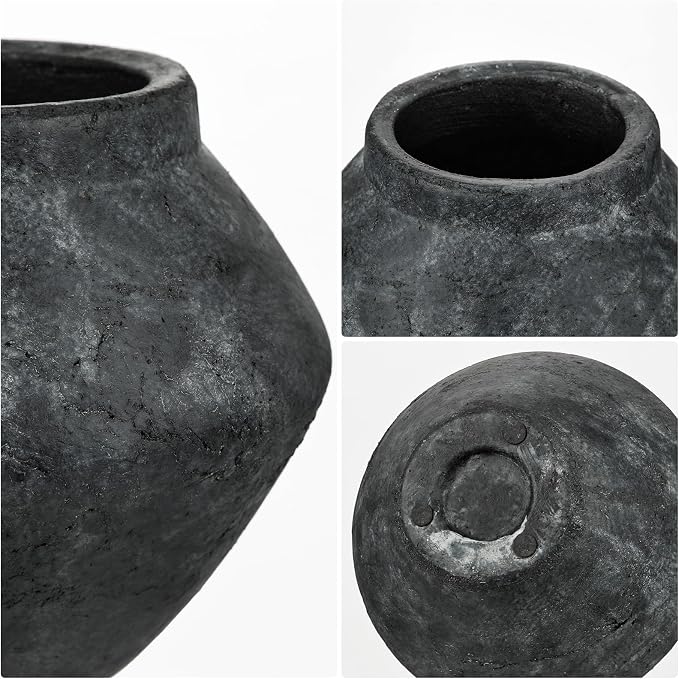 Briful Rustic Ceramic Vase 6'' Decorative Charcoal Farmhouse Table Vase | Weathered Dark Clay Vintage Urn Pottery for Shelf Decor, Entryway Console, Coffee Table Centerpiece, Faux Floral, Modern Room