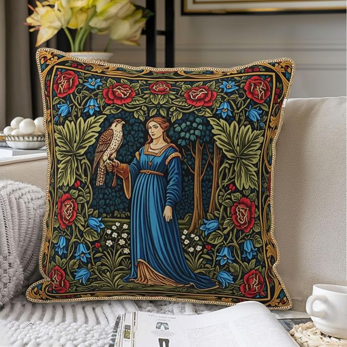 Vintage Floral Leaves Velvet Pillow Covers 18x18 Inch Tapestry Art Red Blue Flowers Bird Throw Pillows For Couch Cushion Covers Pillowcase European French Country Pillow Cases for Sofa Bed Bedroom