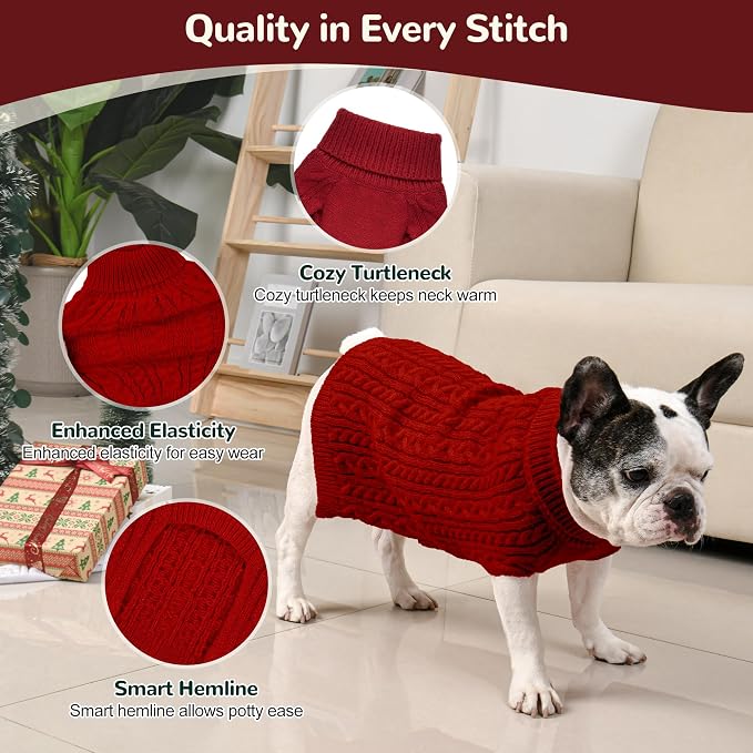 Dog Sweater 2 Pack for Medium Dogs, Size L, Red & Green | Stretchy cable knit turtleneck, machine washable, high belly cut, comfy winter fit for French Bulldog, Corgi
