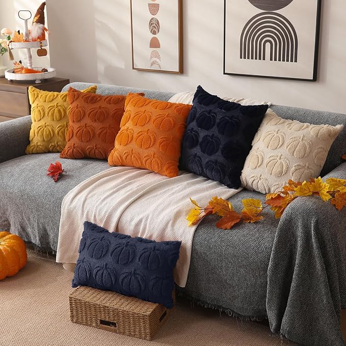 DFXSZ Fall Pillow Covers 12x20 2Pcs Navy Blue Pumpkin Fall Decorations | Fall decor Set of 2 Throw Pillow Cases Soft Plush Faux Fur Wool Couch Cushion for Chair Sofa Bedroom Living Room Home Decor