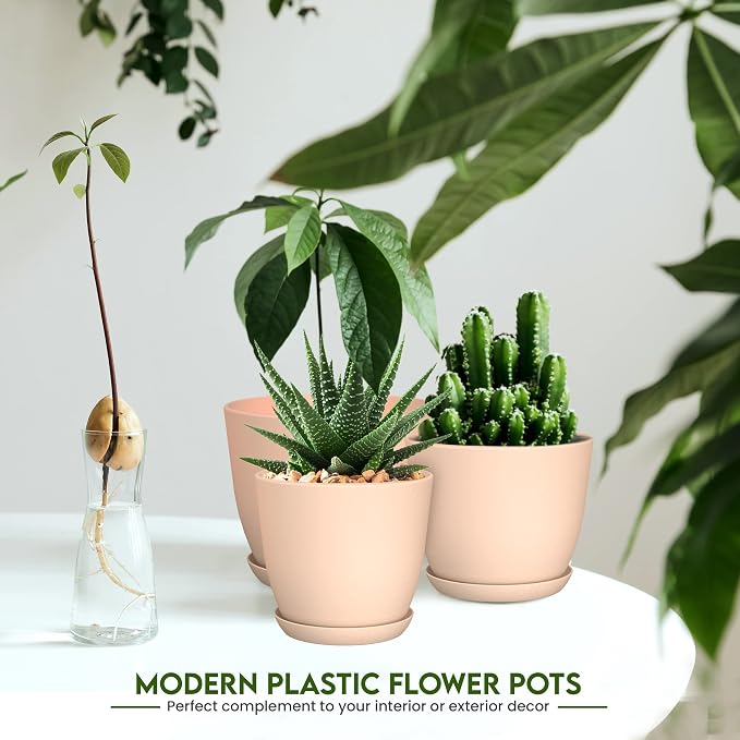 Plant Pots Indoor with Drainage, 5 Pack Multi-Size Planters Set, Pink | Drainage holes included Multiple sizes 7/6.6/6/5.3/4.8 In Indoor plants and flowers Durable plastic construction