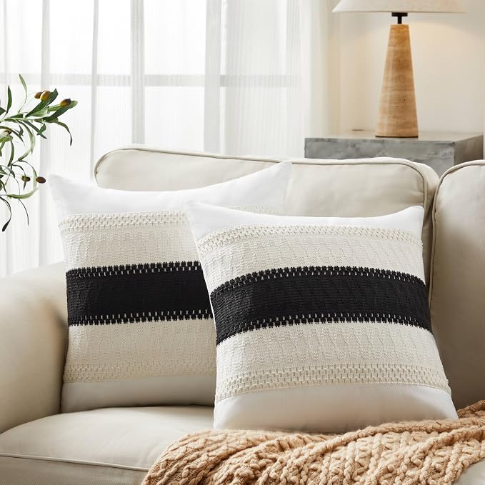 2pk Boho Pillow Covers 16x16, Natural White/Contrast/Black | 100% Organic Cotton Body, Stripe Embroidery, Farmhouse Decorative Cushion Covers for Sofa Bed Living Room Home Decor