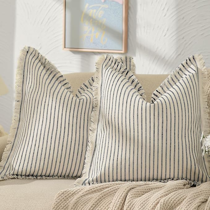Throw Pillow Covers 26x26 Set of 2 Striped Pillow Covers with Fringe Chic Cotton Decorative Pillows Square Cushion Covers for Sofa Couch Bed Living Room Farmhouse Decor, (Navy)