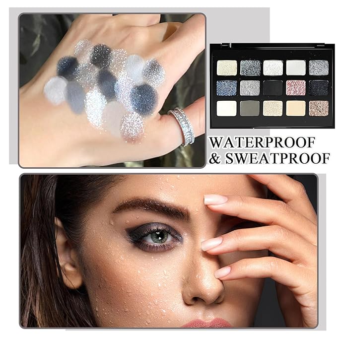 Black Grey Smoky Eyeshadow Palette,15 Colors Matte Shimmer Pigmented Eye Shadow Makeup Palette Set with 3 Eyeshadow Brushes,Glitter Eye Shadow Palette for Daily Halloween Goth Makeup(M)
