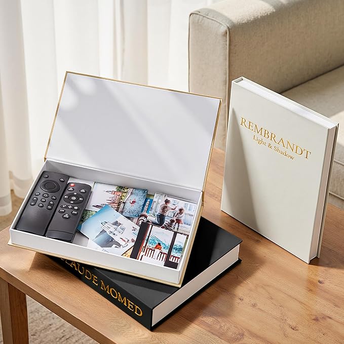 JARLINK Aesthetic Decorative Books, Set of 3 Linen Faux Book Boxes, Black | Stylish Storage Boxes for Home Decor, Photo Organization, & Keepsakes, Faux Books for Coffee Tables, Bookshelves, or Mantles