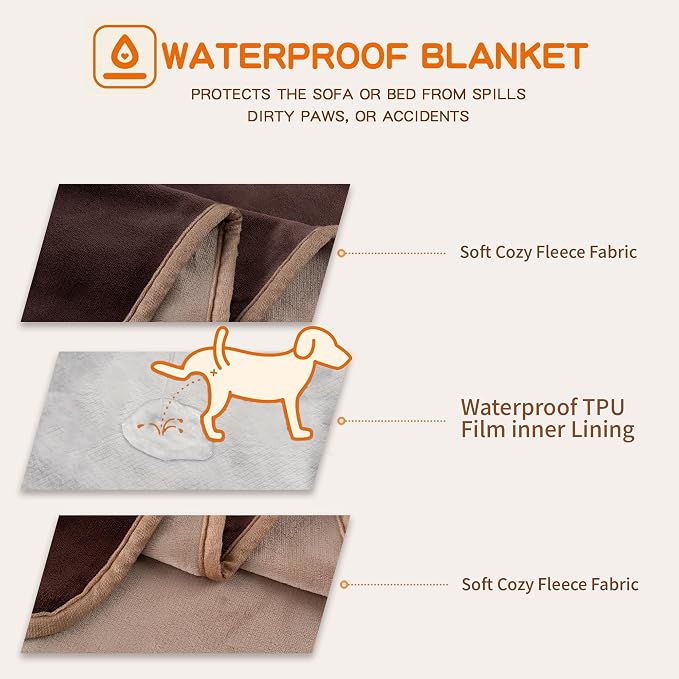 Waterproof Pet Blanket for Small Dogs and Cats | Reversible Flannel Fleece Throw Blanket for Sofa Couch Puppy Leakproof, Washable Furniture Protector 30"x40",Brown