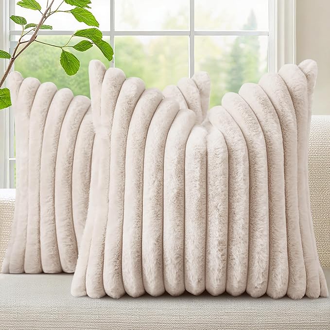 decorUhome Fall Faux Fur Throw Pillow Covers 18x18 Set of 2 Beige | Decorative Soft Cozy Striped Plush Modern Farmhouse Boho Couch Pillow Cases Velvet Back for Sofa Bed Living Room Home Decor