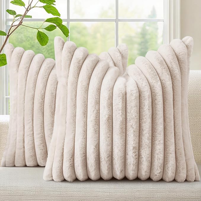 decorUhome Fall Faux Fur Throw Pillow Covers 26x26 Set of 2 Beige | Decorative Soft Cozy Striped Plush Modern Farmhouse Boho Couch Pillow Cases Velvet Back for Sofa Bed Living Room Home Decor