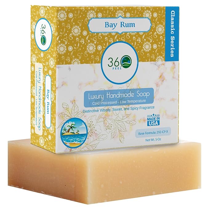 360Feel Bay Rum Bar Soap - Made in the USA - Castile Handmade, All-Natural, Cold-Processed - Bay Rum Essential Oil - Moisturizing with a Spicy Scent - Calm - Rich, Creamy Lather - (5oz)