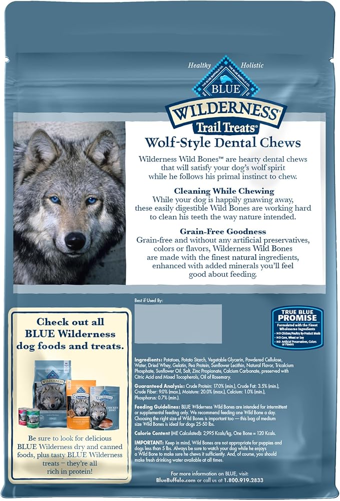Blue Buffalo Wilderness Medium Dog Dental Chews, Grain-Free, 27 oz | Reduces Tartar & Plaque, Freshens Breath, Sized for Dogs 25-50 lbs., No Artificial Preservatives