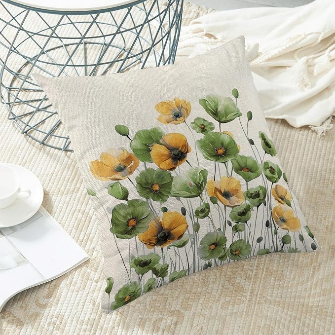 Spring Floral Pillow Covers 18x18 Set of 2 Yellow Green Flower Decorative Throw Pillow Cover Decoration Summer Seasonal Pillowcase Farmhouse Decorative Cushion Cover For Home Sofa Outdoor Decor
