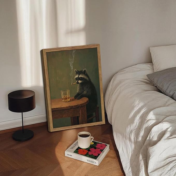 Framed Vintage Raccoon Wall Art, Funny Animal Canvas Wall Decor Paintings, Dark Moody Whimsical Artwork Poster Print Picture for Bar Bathroom Bedroom Living Room 16x24 Inch