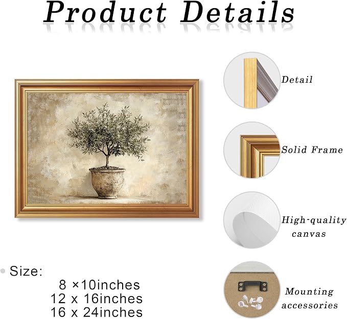 JLTULT Olive Tree Wall Art, Gold Framed Botanical Canvas, 12 x 16 Inches | Potted olive tree art on fade-resistant canvas with a ready-to-hang gold-tone PS frame for kitchens, dining rooms and offices