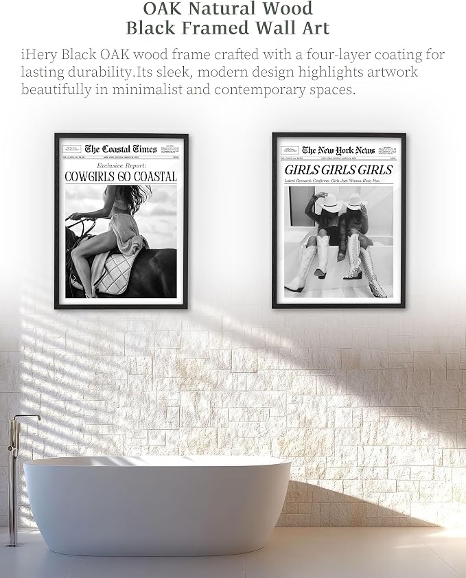 iHery 16x20in Cowgirls Go Coastal Framed Newspaper Wall Art | Premium Black Natural OAK Wood Frame with Canvas Print, Western Horseback Decor for Bedroom, Dorm, Living Room 1Pack