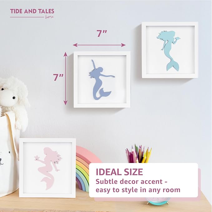 Tide and Tales Elegant 3D Mermaid Wall Decor, Framed Wooden Set of 3 Silhouettes in Pastel Colors, Mermaid Bathroom Decor, Ocean Room Decorations for Girls Bedroom, Ocean Wall Art