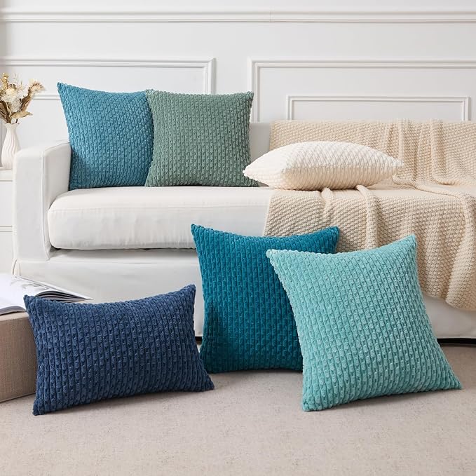 Kevin Textile Soft Corduroy 14"x22" Lumbar Pillow Cover 1 Pack, Teal Green | Boho Stripe Plush Corduroy Decorative Oblong Cushion Cover Modern Farmhouse Home Decor for Sofa Couch Bed Chair