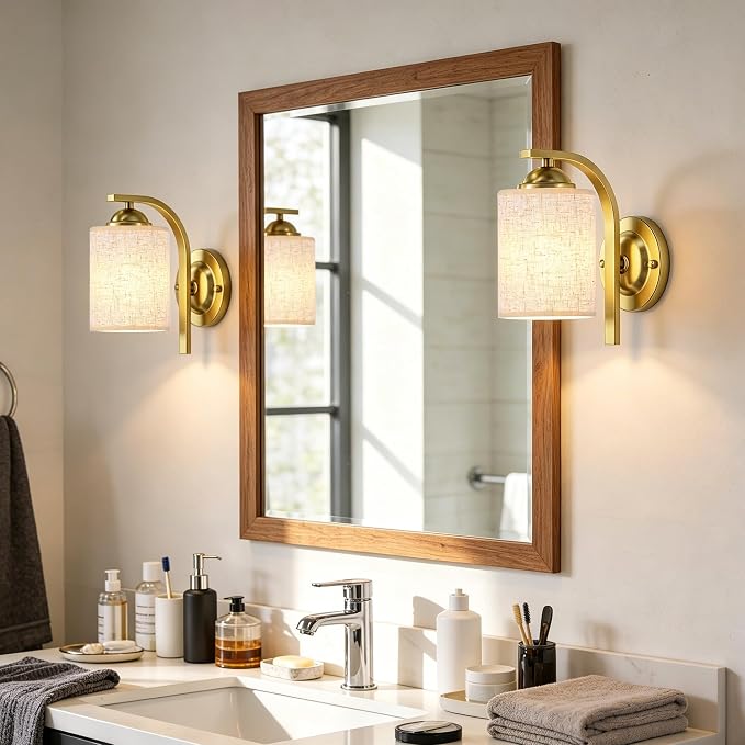 2-Pack Wall Sconces for Bedroom and Bathroom, Gold Farmhouse Wall Light Fixtures with Fabric Shade, Modern Vanity Wall Lamps for Living Room, Hallway, Kitchen