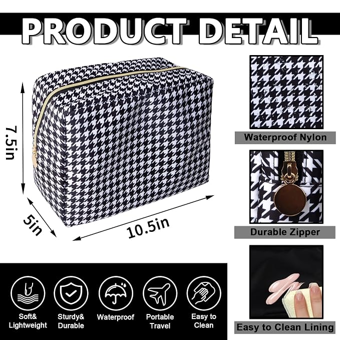 UIXIZQ Large Makeup Pouch, Nylon Women Travel Toiletry Storage Houndstooth Cosmetic Bag for Girls, Big Preppy Makeup Organizer Cute Zipper Pouch Skincare Bag for Sport School (Large-Houndstooth)
