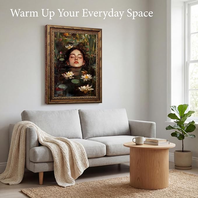 Vintage Gold Framed Gothic Wall Art, Ophelia Inspired Woman Portrait Print | Dark Academia Romantic Victorian Oil Painting Canvas Print Picture Wall Decor for Living Room Bedroom Office, 12x16 Inch
