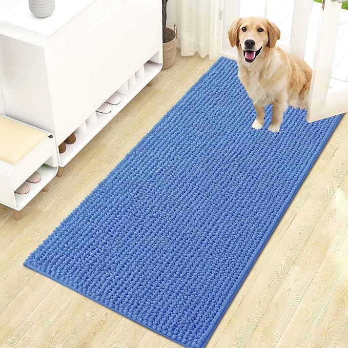 OLANLY Dog Door Mat for Muddy Paws 47x24, Extra Absorbent Chenille Mud Mat | Cornflower Blue, Absorbs Moisture and Dirt, Non-Slip Machine Washable Doormat, Quick-Dry Indoor Entryway Floor Mat for Dogs