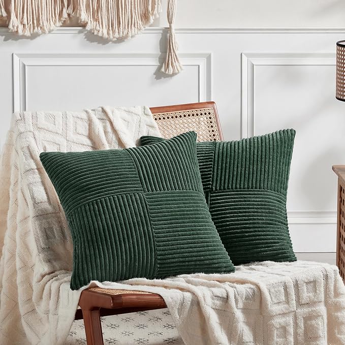 Fancy Homi Dark Green Decorative Throw Pillow Covers 22x22 Inch for Living Room Couch Bed, Boho Farmhouse Forest Green Home Decor, Soft Corss Corduroy Patchwork Textured Cushion Case