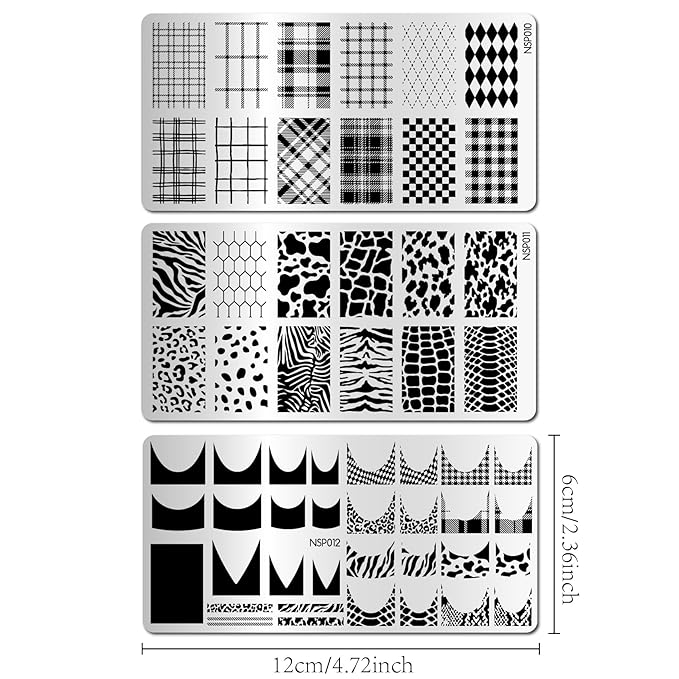 Arbuya Nail Art Stamping Plates Set of 3 - Plaid, Animal Print & French Tip Designs - Stainless Steel Manicure Art Tool