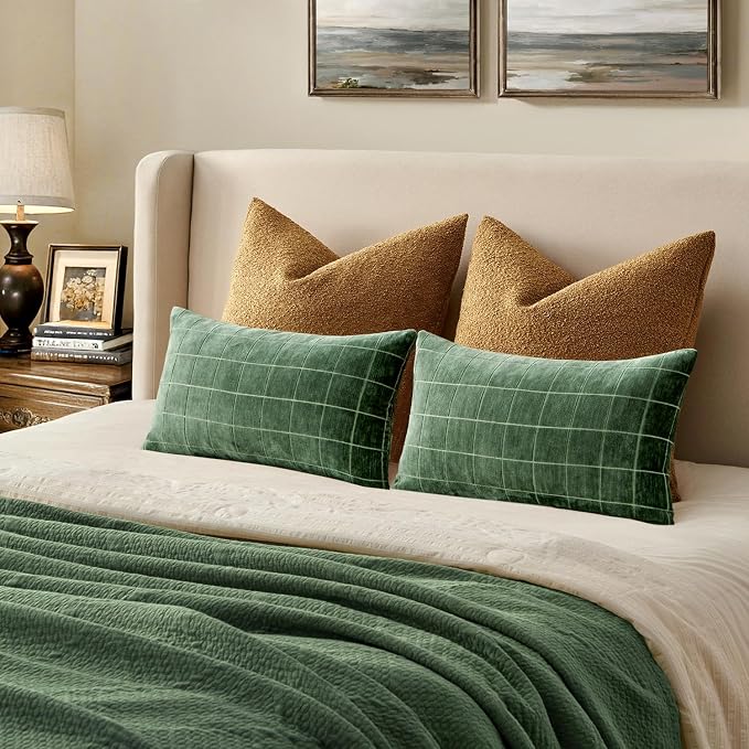 MIULEE Moss Green Plaid Decorative Lumbar Pillow Covers 12x20 Set of 2 | Vintage, Check Chenille Couch Pillows, Neutral Boho Farmhouse Cushion Covers, Modern Home Decor for Sofa Bed Living Room