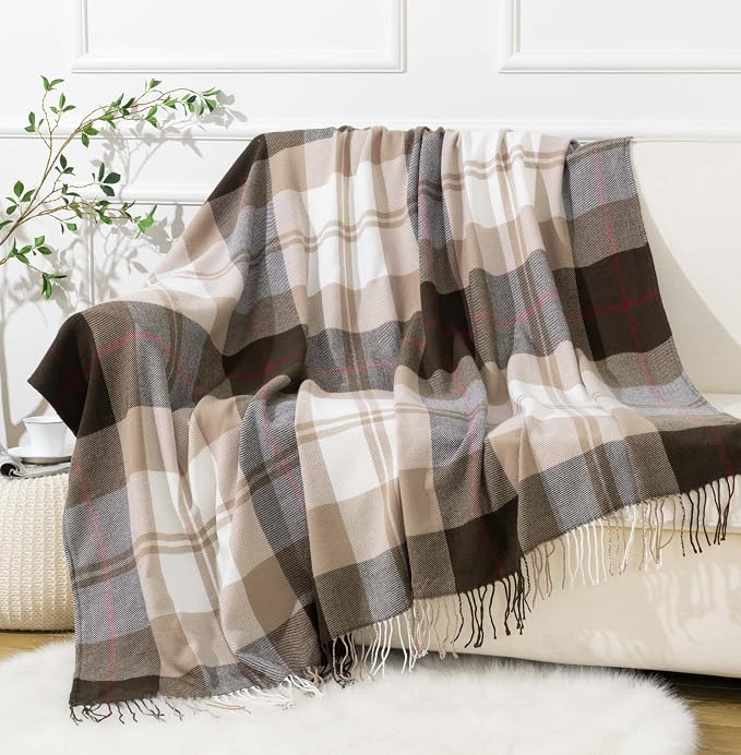 Brown Plaid Throw Blanket for Couch, Fall Buffalo Plaid Blanket 50"x60" | Lightweight Farmhouse Throw Blanket, Rustic Country Blankets, Decorative Woven Throws with Tassels, Ideal for Bed Sofa Men