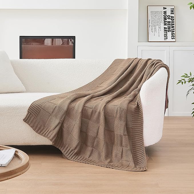 CozeCube Light Brown Knitted Checkered Throw Blanket 50"X60" | Check Knit Throw for Couch, Decorative Christmas Soft Cozy Warm Blanket for Bed Sofa Living Room