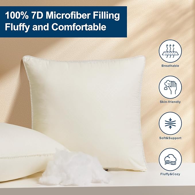 22 x 22 Throw Pillow Inserts with Lace Edge | Soft and Plush, Virgin Fiber Filling, Decorative Pillows for Couch Sofa Bed, Machine Washable - White, Pack of 2