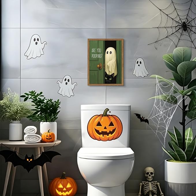 Funny Halloween Bathroom Wall Art, Vintage Cute Ghost Cat Canvas Wall Decor Paintings, Funny Are You Pooping Artwork Poster Print Picture for Bathroom Restroom 12x16 Inch Framed