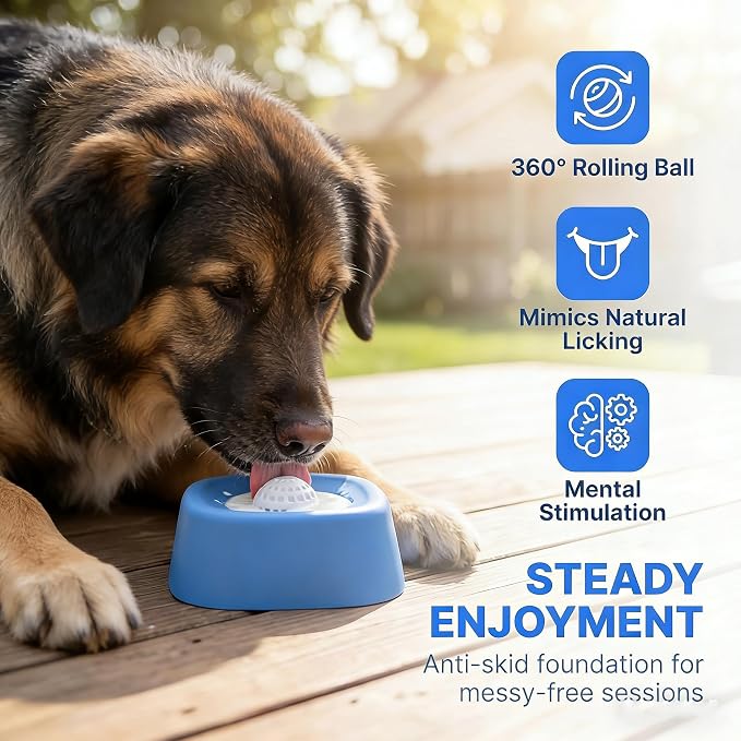 Slow Feeder Licking Bowl for Dogs, Rolling Ball Liquid Treat Dispenser for Broth Yogurt Puree, Non-Slip Food-Grade Bowl, Interactive Enrichment Toy for Puppies Small Medium Large Dogs (Blue-1PCS)