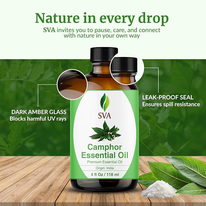 SVA Camphor Essential Oil 4 Fl Oz – for Diffuser, Skin & Hair Care – Ideal for Massage & DIY Blends – with Dropper