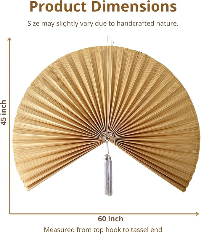 ChumDecor Bamboo Fan Wall Decor, Japanese Wall Fan Decoration, Ivory 60 in | Giant Oversized Oriental and Asian Style Hanging Decoration for Above the Bed Headboard or a Tall Stairwell Landing