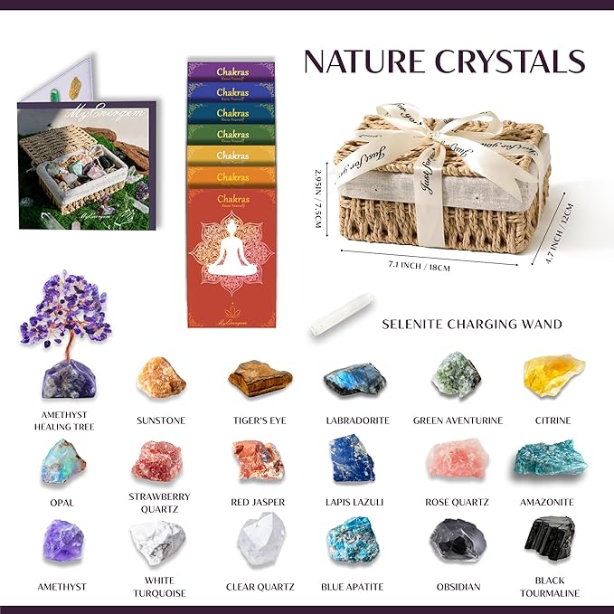 MYDAYS&DESIGN 18Pcs Crystals and Healing Stones Set in Rattan Box, 17 Raw Chakra Stones, 1 Amethyst Tree, Guide for Beginners, Meditation Yoga Home Decor, Gifts for Women Valentine's Day