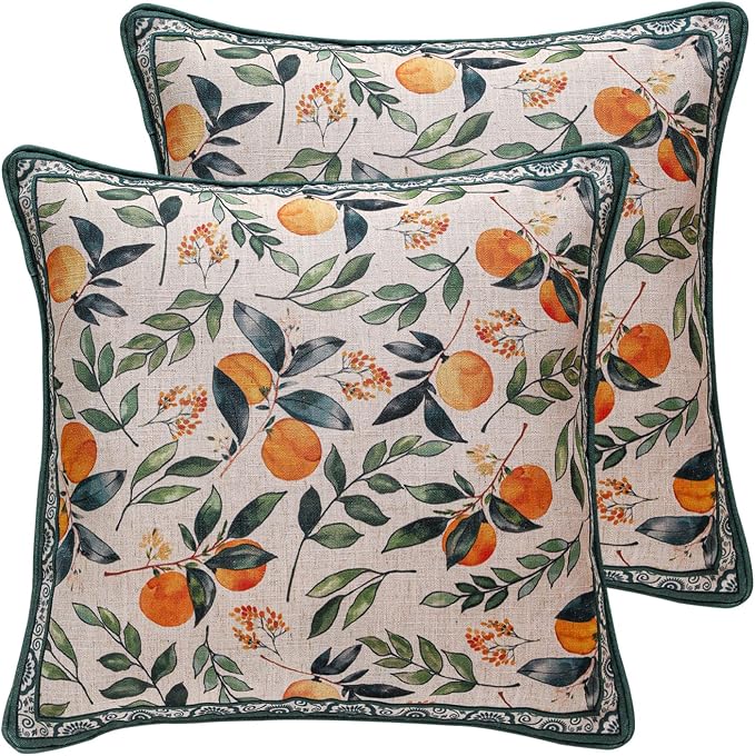 patdrea Vintage Linen Throw Pillow Cover,18"x18",Set of 2-Palladin A | Elegant Decorative Pillow Case,Orange Citrus Fruit Print,Pillow Cover for Couch Living Room Bedroom Sofa