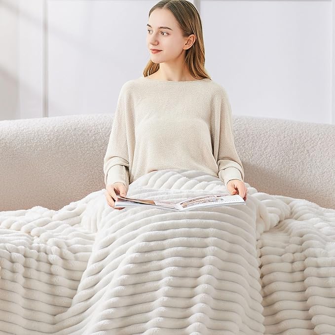 BEDELITE Ribbed Full Size Blanket for Bed, Cream, 84"x90" | Ultra-Soft Plush Fleece, Warm Yet Lightweight, Ribbed Texture, Home Decor, Machine Washable, Giftable, All-Season Use