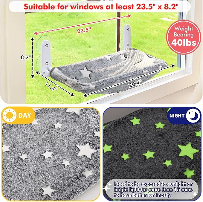 Zoratoo 2PC Glowing Star Cat Window Perch, Foldable Cordless Pet Hammock, M | Glow in the Dark Fabric, Sturdy Metal Frame, Removable for Machine Wash,Comfortable Sunken Design Resting Seat for Indoor Cat