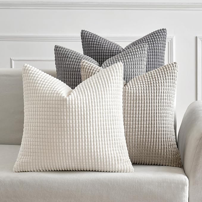 MIULEE Neutral Decorative Pillow Covers 18x18 Inch Set of 4 Modern Grey | Timeless Mid Century Throw Pillows, Rustic Corduroy Couch Pillowcases, Nordic Home Decor for Sofa Living Room Bed