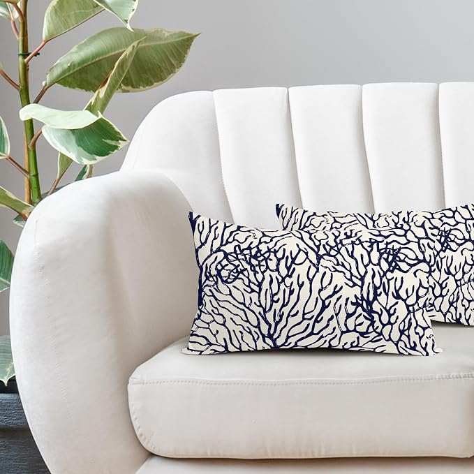 Nautical Coastal Coral Lumbar Pillow Covers 12x20 Inch Set of 2 Summer Ocean Beach White Blue Decorative Pillow Cases Outdoor Linen Cushion Cover Farmhouse Decor for Bedroom Home Sofa Couch Bed