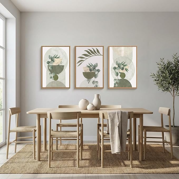 FWIEXA Sage Green Plant Canvas Wall Art Set 3, Abstract Geometric Line Botanical Framed Prints, Beige Minimalist Boho Leaf Paintings,16x24In Mid Century Modern Artwork for Living Room,Bedroom,Office