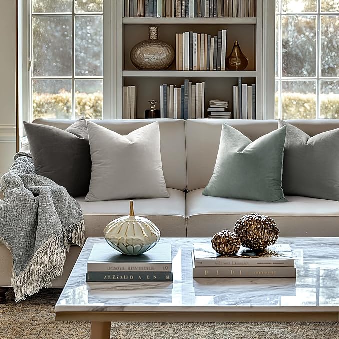 MIULEE Velvet Throw Pillow Covers 20x20 Inch Pack of 2 Greyish White | Soft Solid Decorative Pillow Covers, Modern Luxury Home Decor, for Couch Chair Sofa Bedroom Livingroom