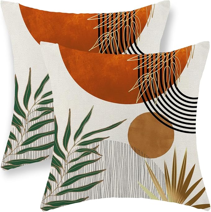Boho Pillow Covers 18x18 Set of 2 Green Gold Orange Throw Pillows Tropical Leaves Sunset Decor Modern Mid Century Pillowcase Outdoor Decorations Bohemian Linen Cushion Case for Couch Sofa Bed