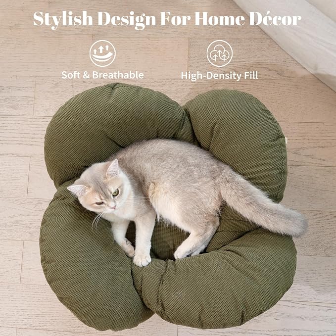 Elevated Cat Bed for Indoor Cats Couch Sofa Flower | Pet Beds with Soft Washable Cushion, Stable Wooden Frame, Raised Cat Hammock & Furniture for Kitty & Puppy All-Season(Green)