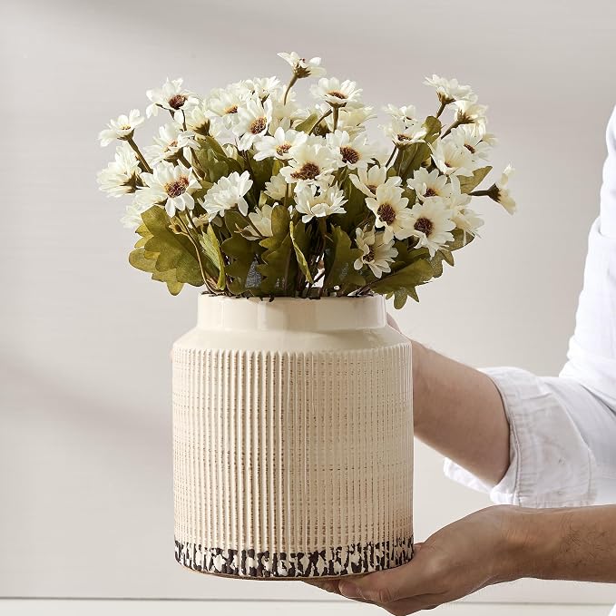 SIDUCAL Ceramic Vintage Rustic Terracotta Vase, 6.77 Inch Farmhouse Decorative Pottery Vase Wide-Mouth Vases for Home Decor, Living Room, Bookshelf, Bedroom, Bathroom, Kitchen, Antique Beige