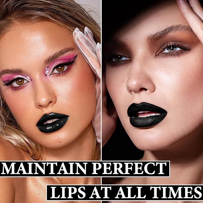 Black Matte Liquid Lipstick,3 in 1 Black Lip Liner and Lipstick Set,Matte Lip Gloss Long Lasting Moisturizing Velvet Lipgloss Make Up Gift Set Cosplay Goth Halloween Special Effects Makeup Kit