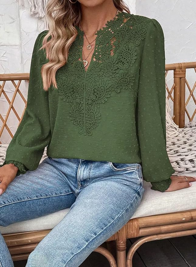 Womens Tops Swiss Dot Boho Long Sleeve Shirts V Neck Casual Chiffon Blouses Flowy Lace Hem Cute Clothing Trendy 2026