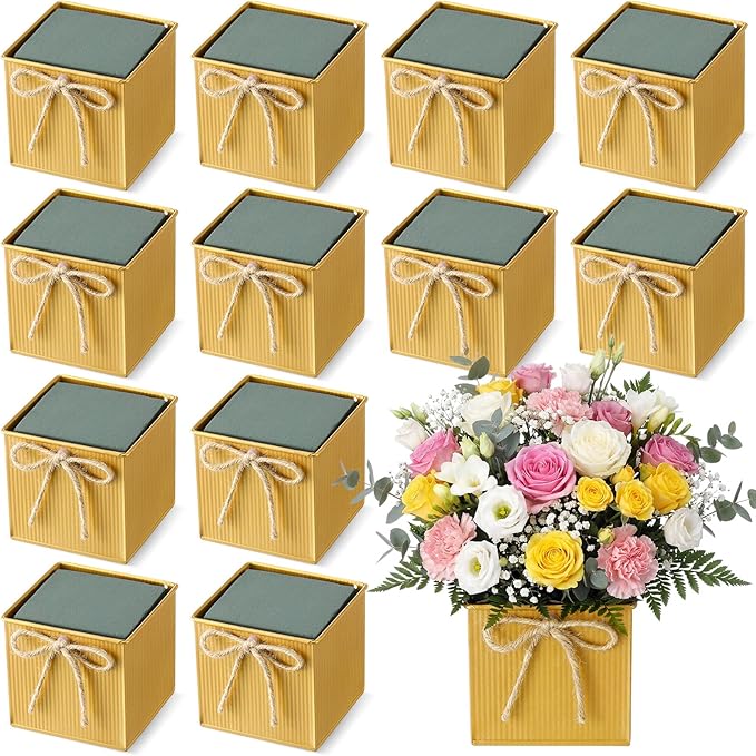 12 Pack Galvanized Square Vases with Floral Foam, 3.5 inch Waterproof Rustic Tin Buckets with Twine Bows, Mini Farmhouse Metal Planter Centerpieces for Wedding Party Table Decor (Gold)