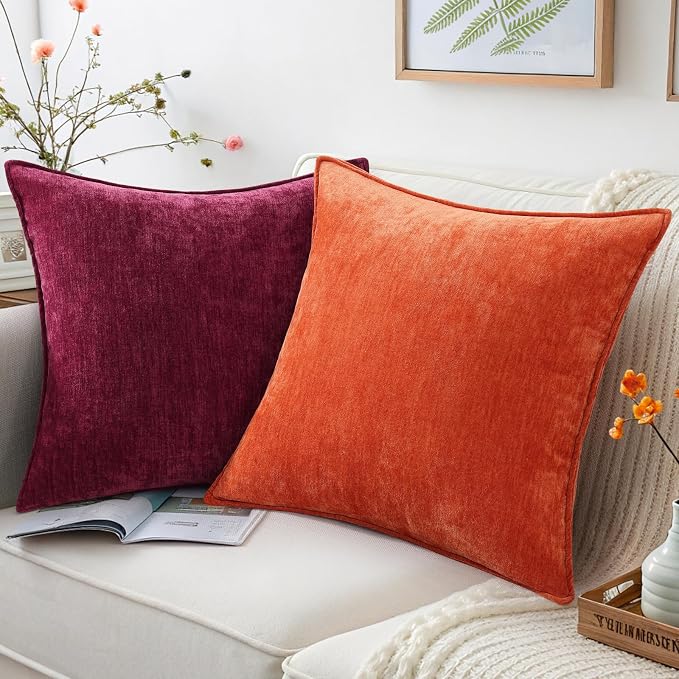 decorUhome Chenille Rhododendron Throw Pillow Covers 16x16 Set of 2 | Fall Soft Couch Decorative Modern Velvet Pillow Cases with Elegant Design for Sofa Bed Living Room Home Decor